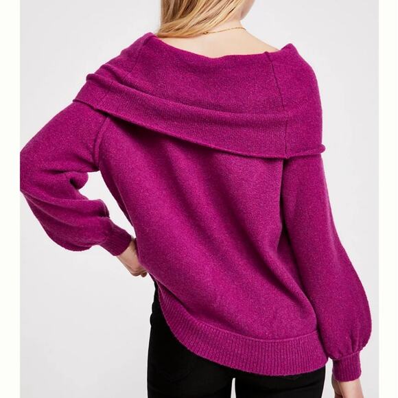 Free People Echo Beach Cowl Neck Sweater Fuchsia Wool Blend Off Shoulder XS - Picture 4 of 14